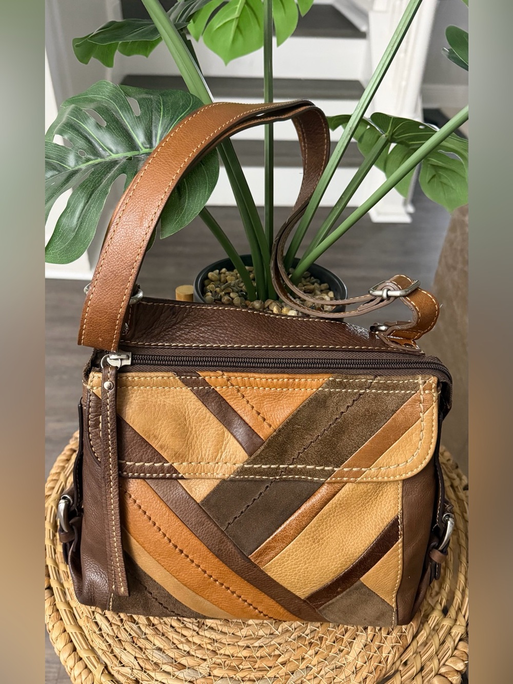 Fossil Brown Multicolor Patchwork Leather Organizer Crossbody Bag